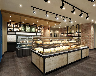 Dessert Shop Interior With Glass Display Cases Wooden Counters Brick Walls And Spotlights 3d model