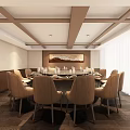 Elegant Private Dining Room With Round Table Beige Chairs Chandeliers And Large Windows 3d model