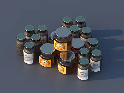 Assorted Glass Spice Jars With Dark Lids And Colorful Labels For Home Kitchen 3d model
