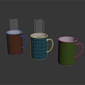 Three Colorful Mugs Orange Blue Green With Handles On Dark Surface