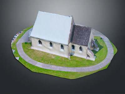 Cartoon Scene Featuring Church with White and Black Roof on Circular Lawn Pathway and Cars 3d model