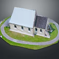 Cartoon Scene Featuring Church with White and Black Roof on Circular Lawn Pathway and Cars