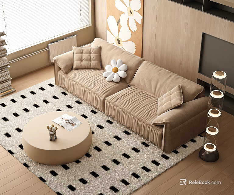 Beige Double Sofa With White Flower Pillow On Black And White Checkered Living Room Rug 3d model 