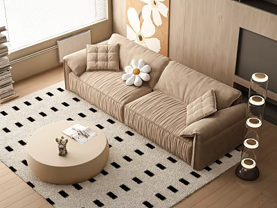 Beige Double Sofa With White Flower Pillow On Black And White Checkered Living Room Rug 3d model