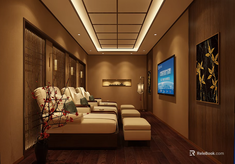 Luxurious SPA Sauna Room With Wooden Interior Comfortable Massage Beds TV And Decorative Plants 3d model 
