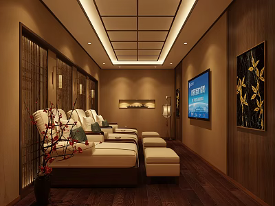 Luxurious SPA Sauna Room With Wooden Interior Comfortable Massage Beds TV And Decorative Plants 3d model