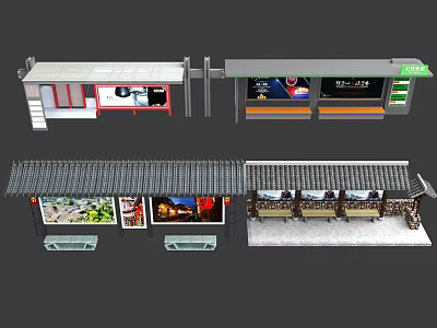 Traditional And Modern Style Bus Shelters With Canopies Advertising Panels And Seats 3d model