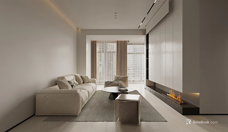 Modern Living And Dining Room Interior With Beige Sofa Coffee Table Fireplace And City View 3d model 