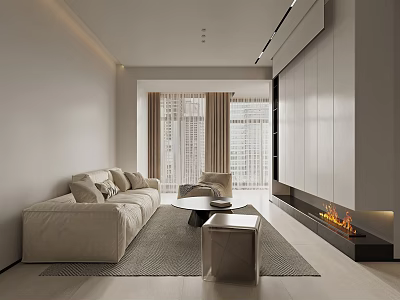 Modern Living And Dining Room Interior With Beige Sofa Coffee Table Fireplace And City View 3d model