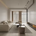 Modern Living And Dining Room Interior With Beige Sofa Coffee Table Fireplace And City View