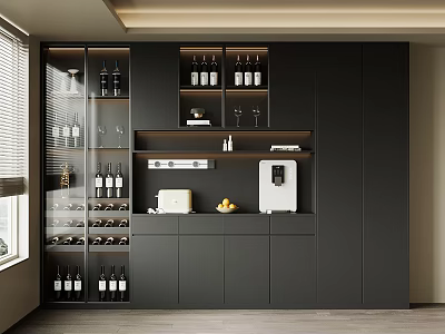 Elegant Modern Black Sideboard Interior Design With Wine Bottles And Glasses 3d model