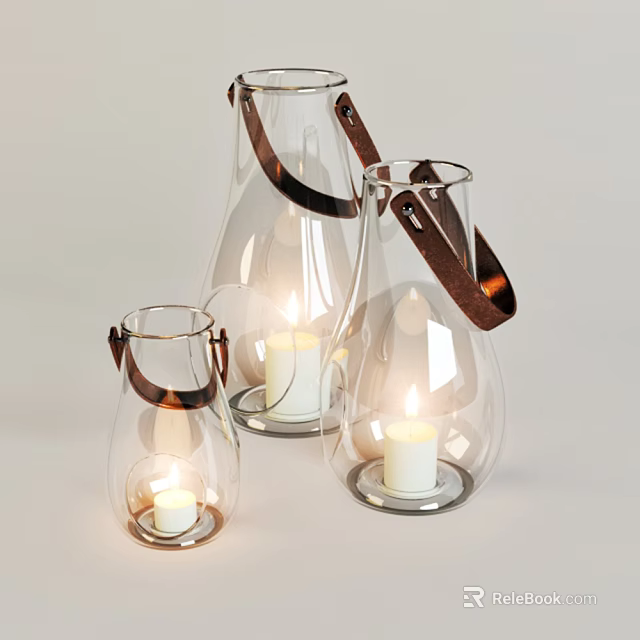 Transparent Glass Lanterns With Leather Handles And Lit Candles For Home Decor 3d model 