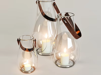 Transparent Glass Lanterns With Leather Handles And Lit Candles For Home Decor 3d model