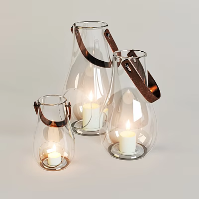 Transparent Glass Lanterns With Leather Handles And Lit Candles For Home Decor 3d model