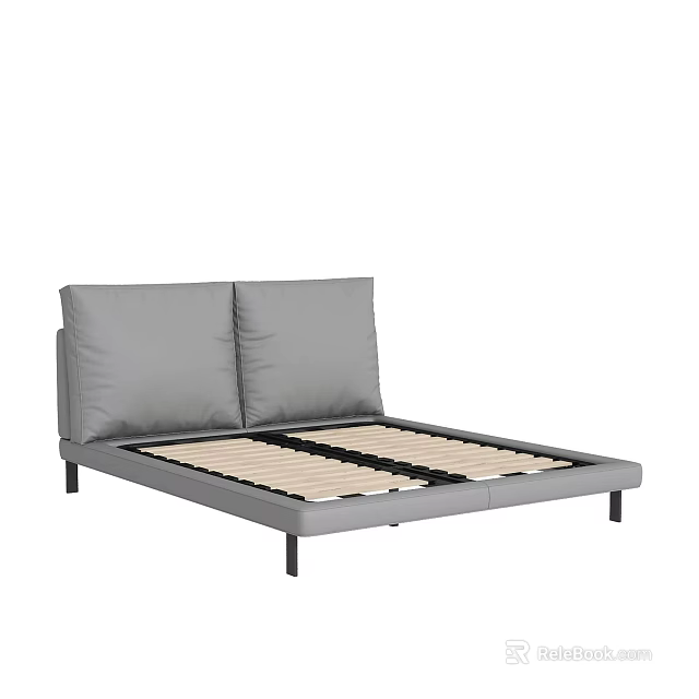 Modern Gray Double Bed With Upholstered Headboard Metal Frame And Wooden Slats 3d model 