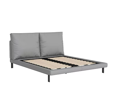 Modern Gray Double Bed With Upholstered Headboard Metal Frame And Wooden Slats 3d model