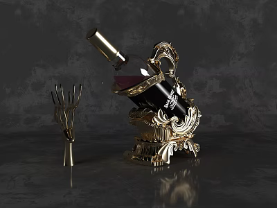 Luxurious Golden Decorative Ornament Set With Wine Rack Wine Bottle And Fork Shaped Ornament 3d model