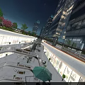 Modern Commercial Street Night View With Tall Buildings Illuminated Shops Green Plants And Lighting