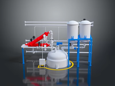 Industrial Process Equipment With White Tanks Red Mechanical Arm Blue Frames And Piping System 3d model