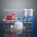 Industrial Process Equipment With White Tanks Red Mechanical Arm Blue Frames And Piping System
