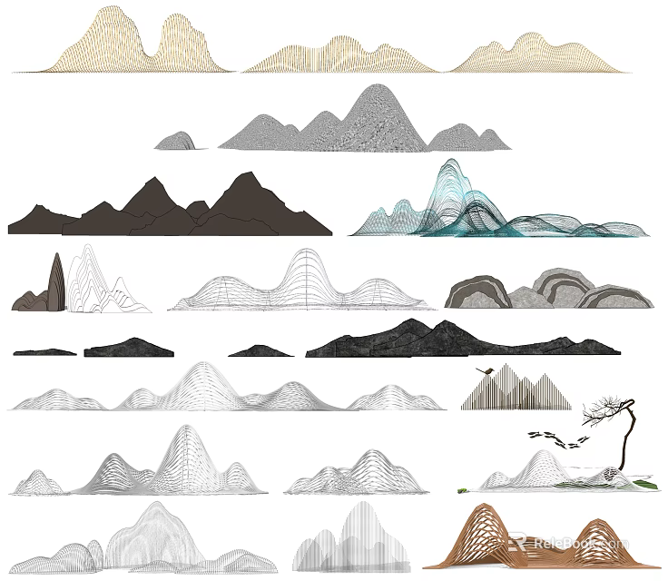 Artistic Garden Decor Mountain Designs With Diverse Line Patterns And Shapes 3d model