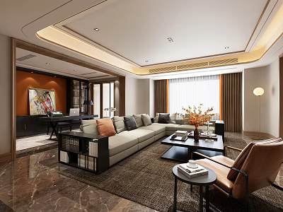 Elegant Modern Living Room Interior With Light Gray Sofa Armchair Coffee Table And Decorative Painting 3d model