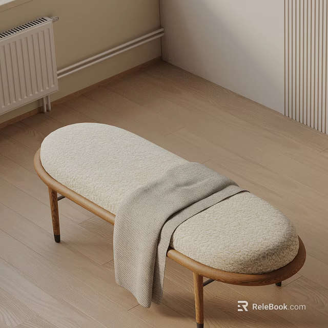 Comfortable Sofa Bench With Wooden Legs Beige Cushion And Gray Throw Blanket 3d model 