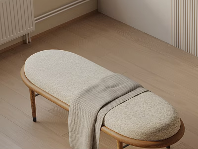 Comfortable Sofa Bench With Wooden Legs Beige Cushion And Gray Throw Blanket 3d model