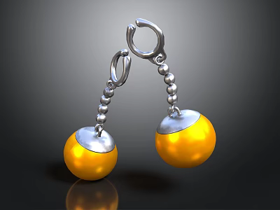 Elegant Silver Hook Earrings Design With Beaded Chain And Yellow Pearl Balls 3d model