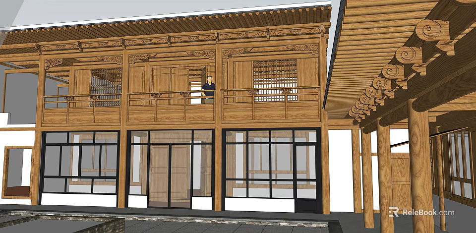 Traditional Chinese Guesthouse Building With Wooden Structure Carved Details Balcony And Large Windows 3d model 