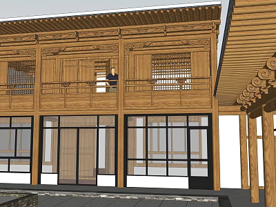 Traditional Chinese Guesthouse Building With Wooden Structure Carved Details Balcony And Large Windows 3d model