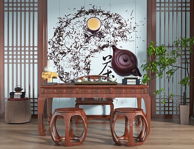 New Chinese-style mahogany tea table tea room flower lattice background wall 3d model