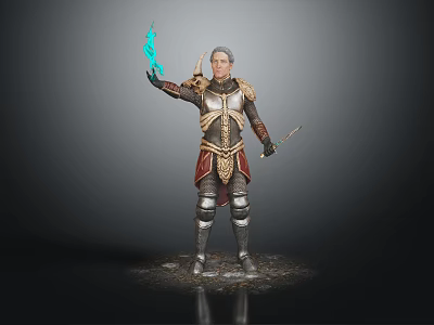 Detailed Armored Fantasy Character Holding Glowing Green Flame And Dagger Standing In Dark 3d model