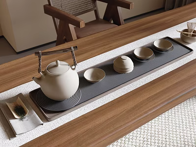 Minimalist Wooden Coffee Table with Tea Set Teapot Cups and Tray 3d model
