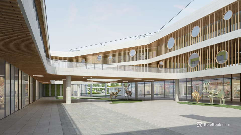 Modern School Building Featuring Circular Windows Wooden Structure And Open Courtyard Green Area 3d model
