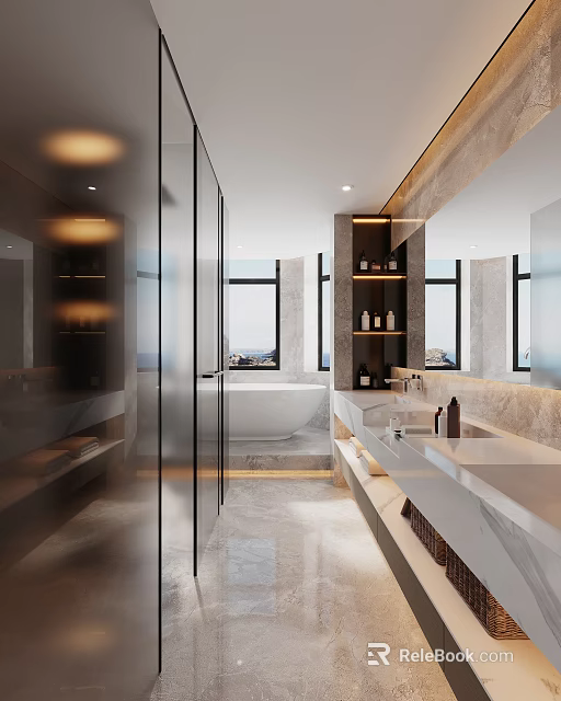 Modern Bathroom Interior With Freestanding Bathtub Double Vanity Large Mirror And Wall Cabinets 3d model 
