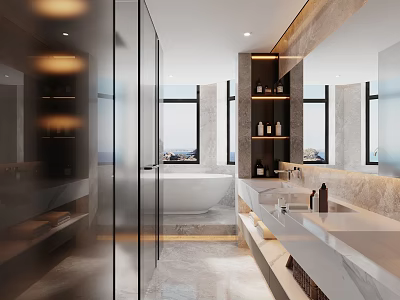 Modern Bathroom Interior With Freestanding Bathtub Double Vanity Large Mirror And Wall Cabinets 3d model