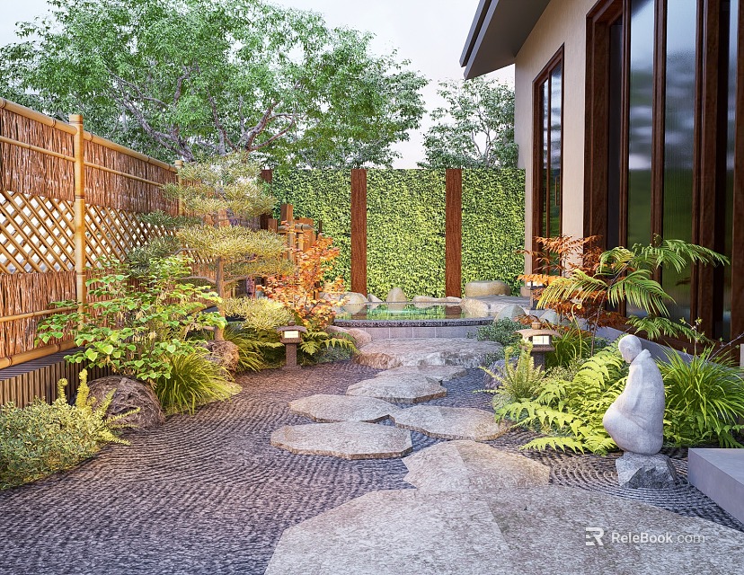 Karesansui Dry Landscape Garden Design With Stone Path Bamboo Fence And Stone Statue 3d model 