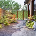 Karesansui Dry Landscape Garden Design With Stone Path Bamboo Fence And Stone Statue