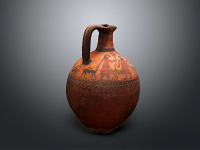 Traditional Ceramic Vessel with Hand-Painted Figures and Ornate Reddish Brown Finish 3d model