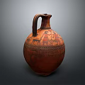 Traditional Ceramic Vessel with Hand-Painted Figures and Ornate Reddish Brown Finish