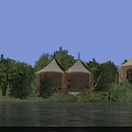 Stylish Hinged Doors in Lakeside Tents with Evening Lighting and Green Trees