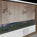 Beige Linen Curtains With Branch Pattern Covering Large Window Overlooking Green Trees And City View