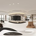 Modern Living Room Interior With Marble TV Backdrop Sofa Armchair Coffee Table