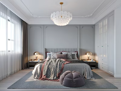 Modern Elegant Bedroom Interior With Gray Bed White Chandelier Nightstands And Area Rug 3d model