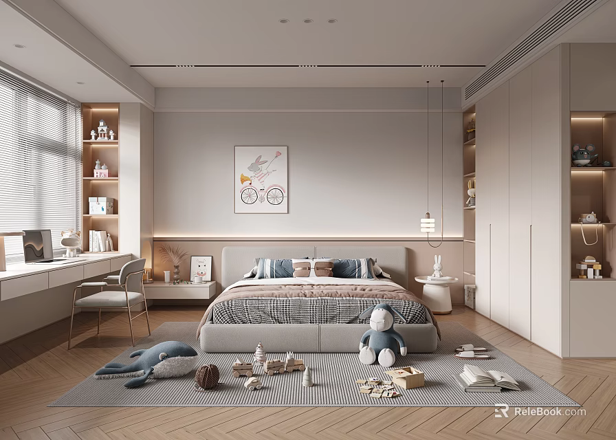 Cozy Modern Kids Room Interior With Bed Stuffed Toys Desk Chair And Storage Cabinets 3d model 