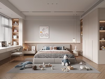 Cozy Modern Kids Room Interior With Bed Stuffed Toys Desk Chair And Storage Cabinets 3d model