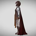 Medieval Game Movie Character Wearing Silver Armor With Red Brown Cloak And Helmet