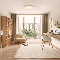 Modern Study Room Interior With Wooden Bookshelf Beige Armchair Large Window And Desk
