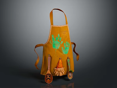 Orange Kitchen Apron With Green Handprint Design And Hanging Utensils 3d model
